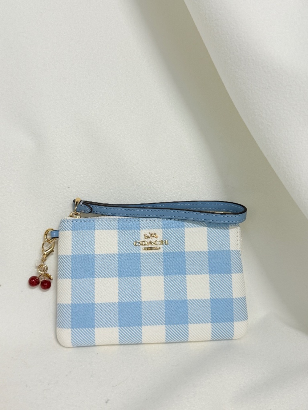 Coach Blue Gingham Wristlet Pouch with Cherry charm NWT cex59